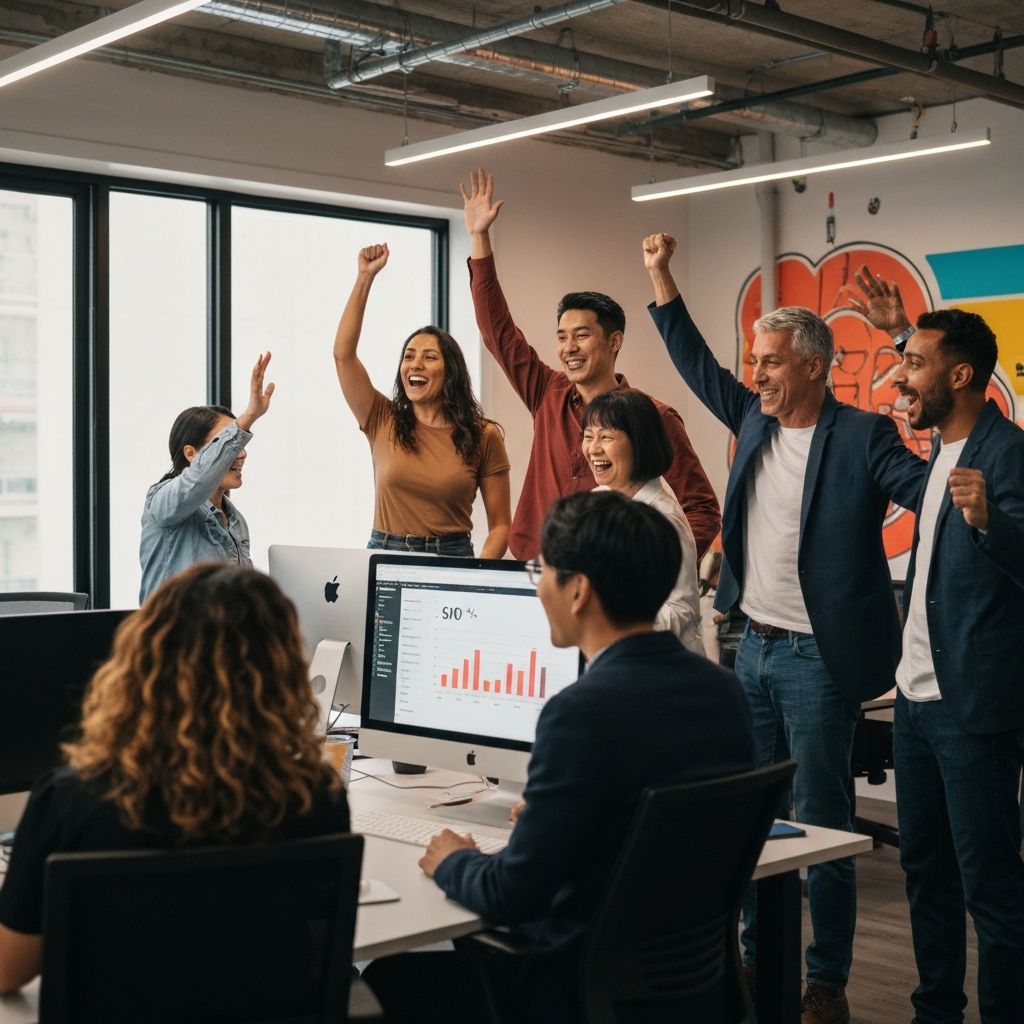 Team celebrating success with analytics dashboard